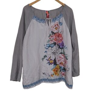 Johnny Was Silk Gray‎ Floral Tunic Top Semi Sheer Boho Oversized Long Sleeve